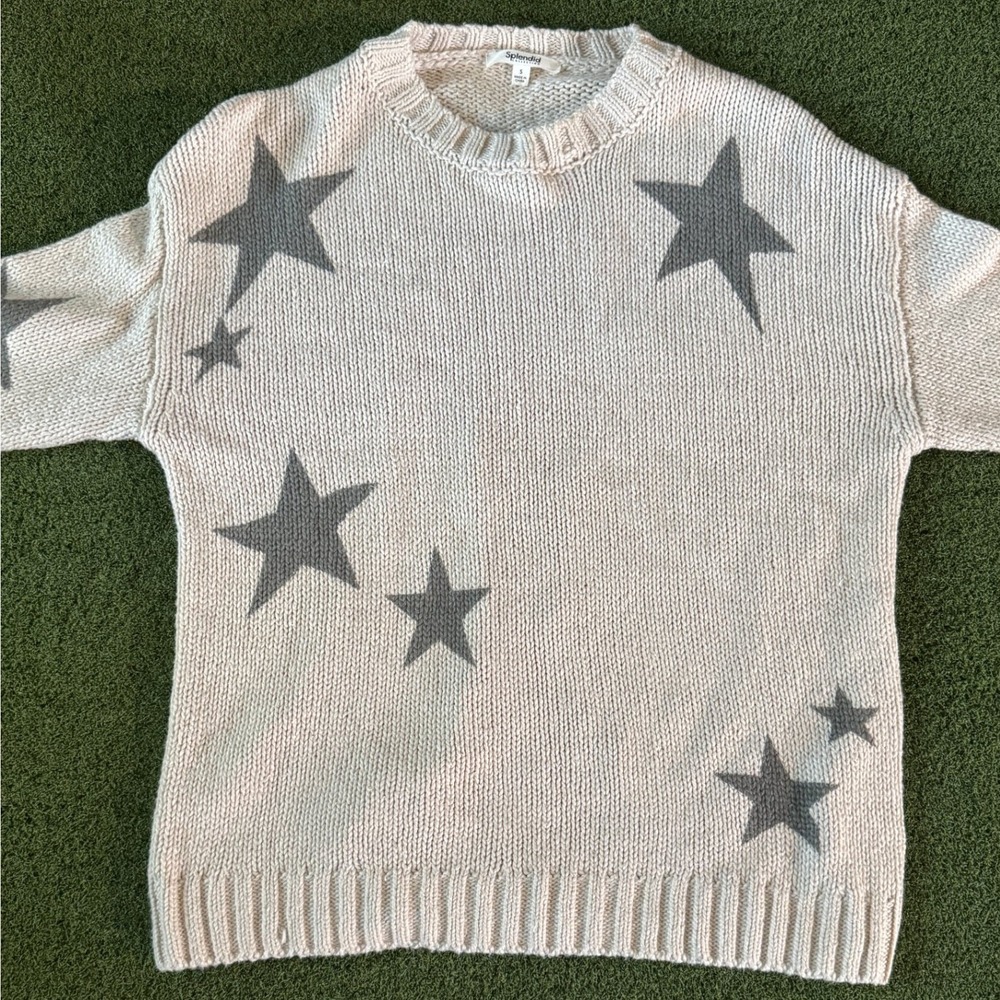 Splendid Star Knit Sweater Womens Small Cream Gray Cotton Chunky Pullover - Picture 5 of 11